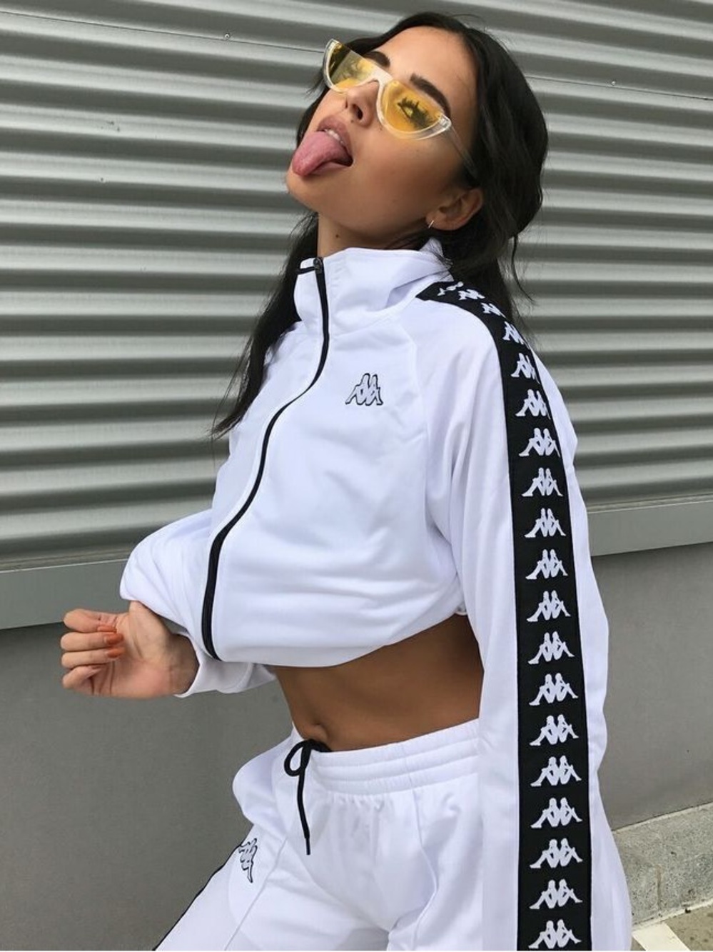 Kappa White Tracksuit Jacket and Joggers Pants with Black Logo Tape